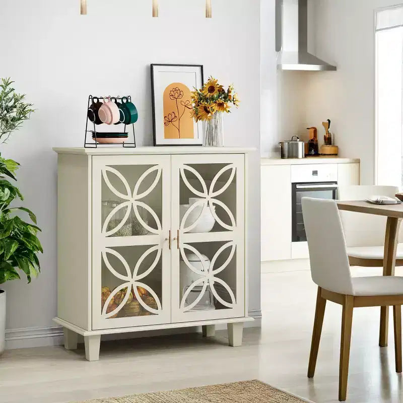 Mobile credenza accentato crema da 32" con ante in vetro, credenza retrò con design a petali geometrici e gambe in legno massello
