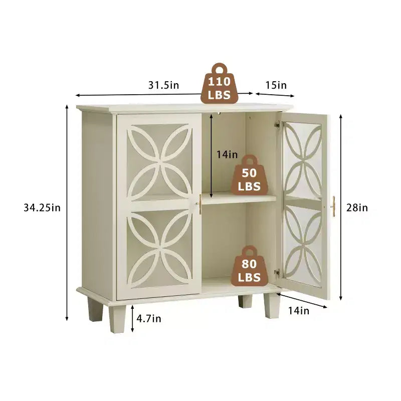 Mobile credenza accentato crema da 32" con ante in vetro, credenza retrò con design a petali geometrici e gambe in legno massello