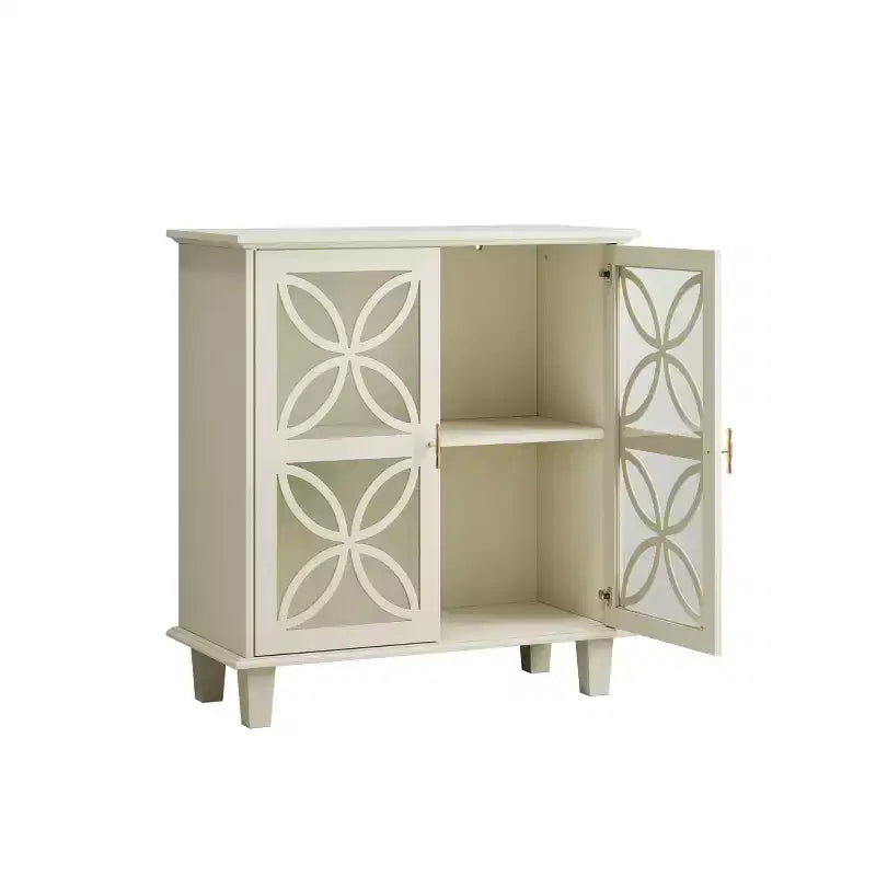Mobile credenza accentato crema da 32" con ante in vetro, credenza retrò con design a petali geometrici e gambe in legno massello