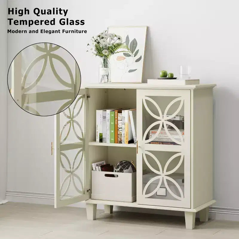 Mobile credenza accentato crema da 32" con ante in vetro, credenza retrò con design a petali geometrici e gambe in legno massello