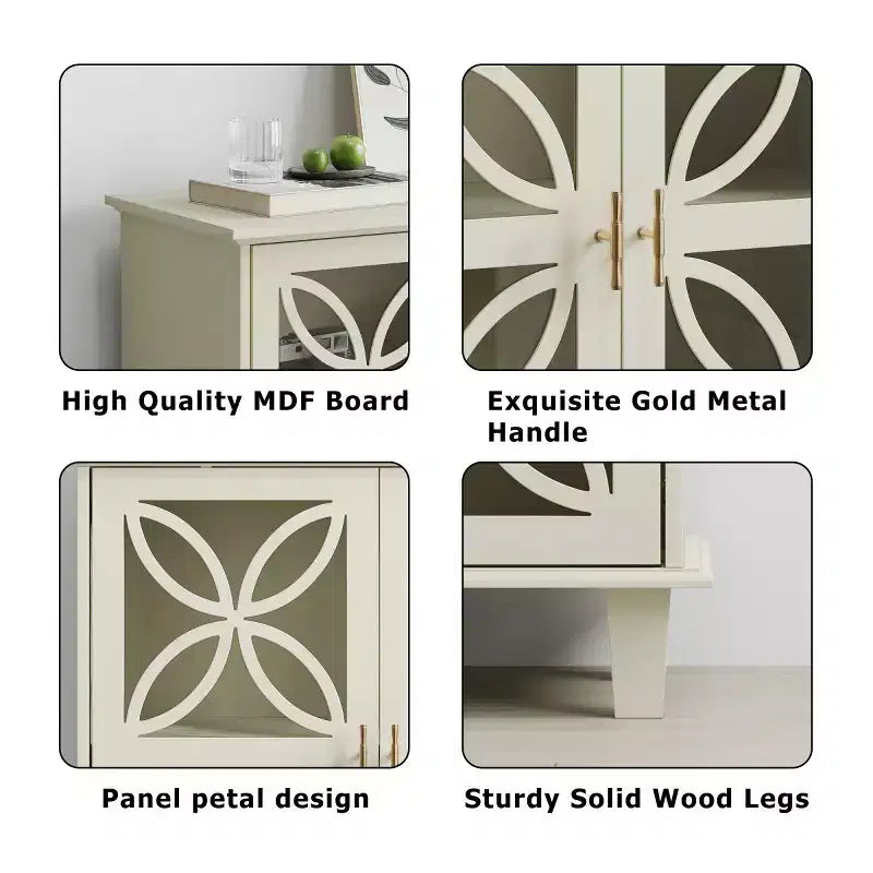 Mobile credenza accentato crema da 32" con ante in vetro, credenza retrò con design a petali geometrici e gambe in legno massello