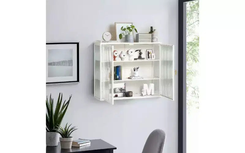 Credenza a 3 Ripiani con Struttura in Ferro e Ante in Vetro Temperato