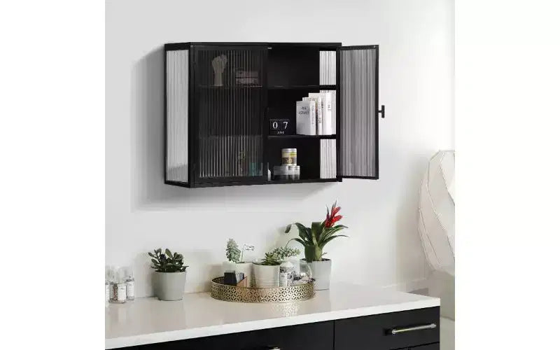 Credenza a 3 Ripiani con Struttura in Ferro e Ante in Vetro Temperato
