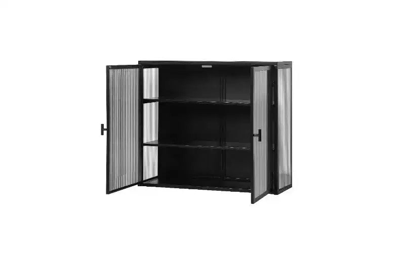 Credenza a 3 Ripiani con Struttura in Ferro e Ante in Vetro Temperato