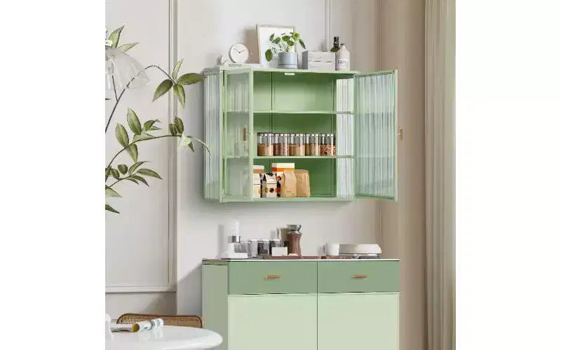 Credenza a 3 Ripiani con Struttura in Ferro e Ante in Vetro Temperato