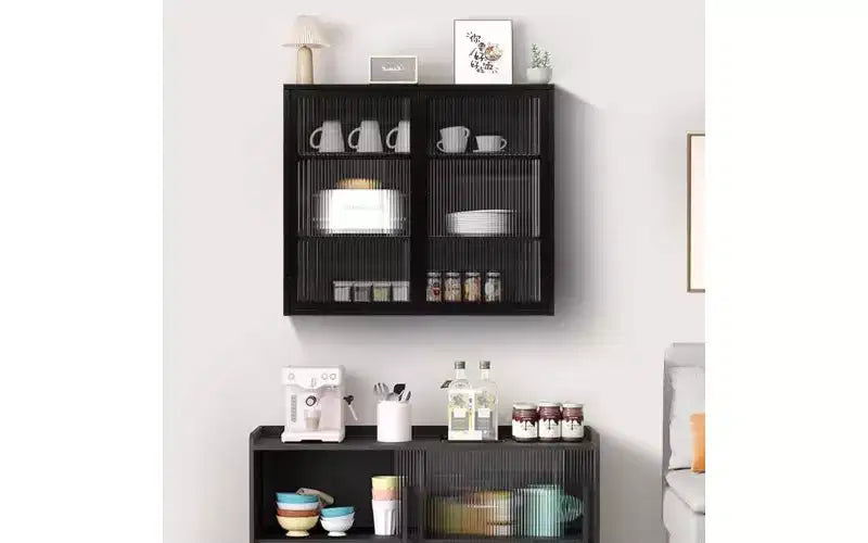 Credenza a 3 Ripiani con Struttura in Ferro e Ante in Vetro Temperato