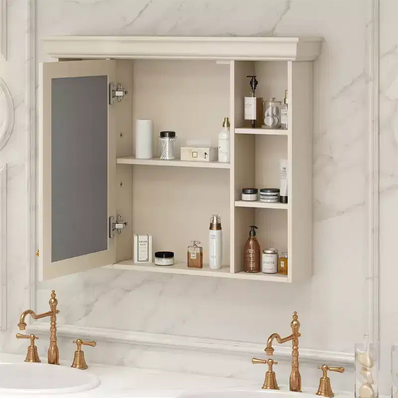 Mobiletto Specchio da Bagno a Parete con 6 Ripiani Aperti e Anta con Chiusura Ammortizzata