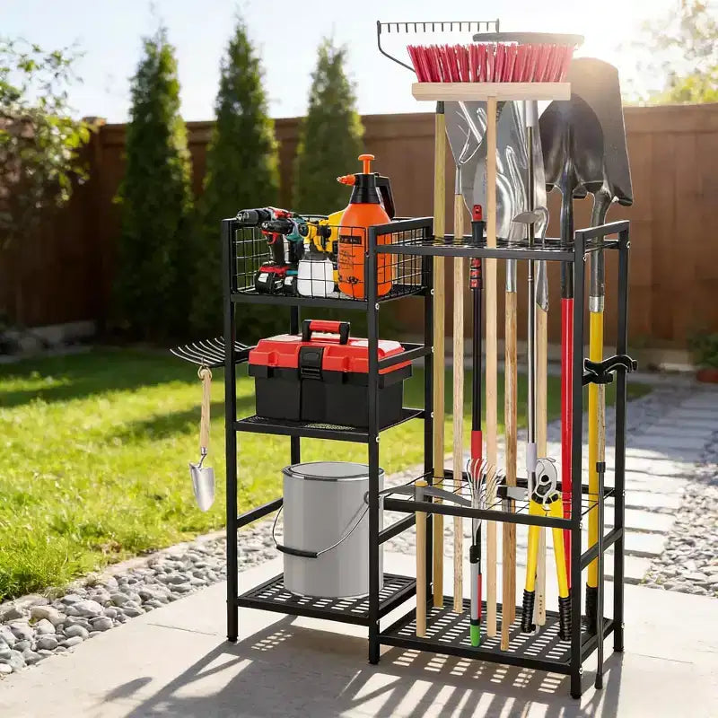 31 3 Tier Heavy Duty Garden Tool Organizer Rack, Steel Yard Storage with 35 Slots & Hooks for Shovels, Yard Tools Tower Rack for Garage, Shed