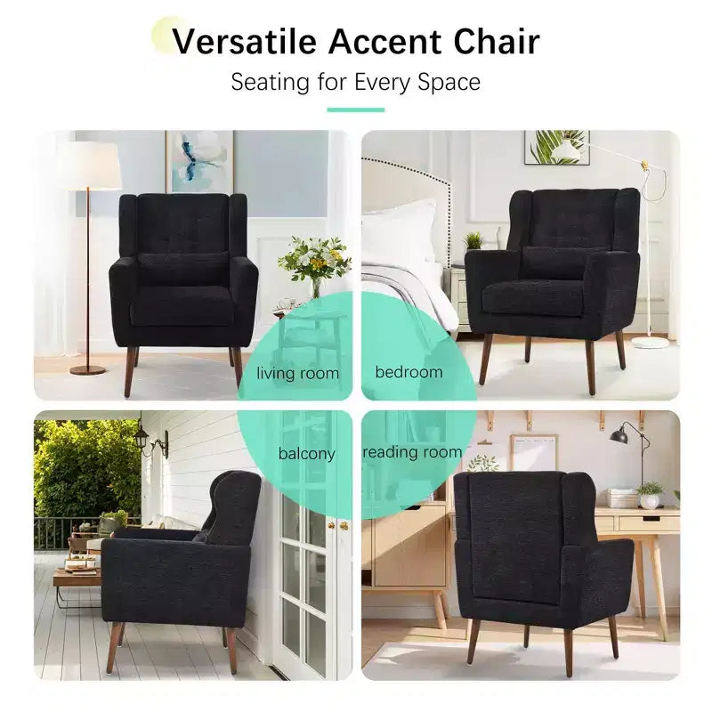 Poltroncina in ciniglia con schienale ergonomico, gambe affusolate in legno e cuscino decorativo, capacità 125 kg