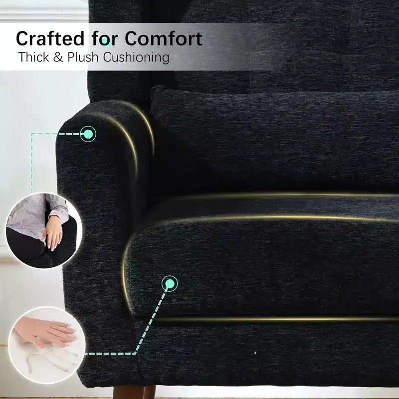 Poltroncina in ciniglia con schienale ergonomico, gambe affusolate in legno e cuscino decorativo, capacità 125 kg