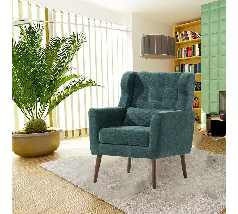 Poltroncina in ciniglia con schienale ergonomico, gambe affusolate in legno e cuscino decorativo, capacità 125 kg
