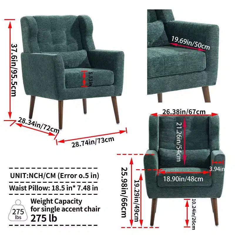 Poltroncina in ciniglia con schienale ergonomico, gambe affusolate in legno e cuscino decorativo, capacità 125 kg