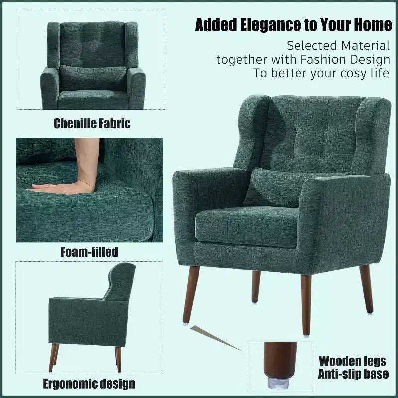 Poltroncina in ciniglia con schienale ergonomico, gambe affusolate in legno e cuscino decorativo, capacità 125 kg