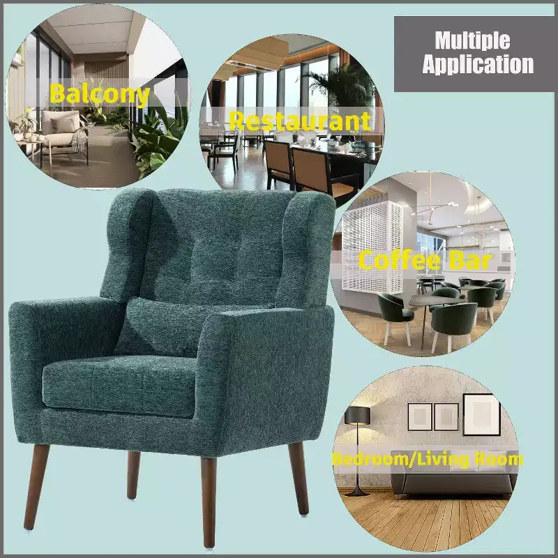 Poltroncina in ciniglia con schienale ergonomico, gambe affusolate in legno e cuscino decorativo, capacità 125 kg