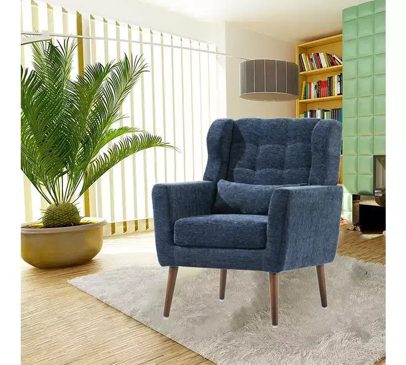 Poltroncina in ciniglia con schienale ergonomico, gambe affusolate in legno e cuscino decorativo, capacità 125 kg