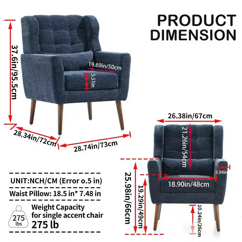 Poltroncina in ciniglia con schienale ergonomico, gambe affusolate in legno e cuscino decorativo, capacità 125 kg
