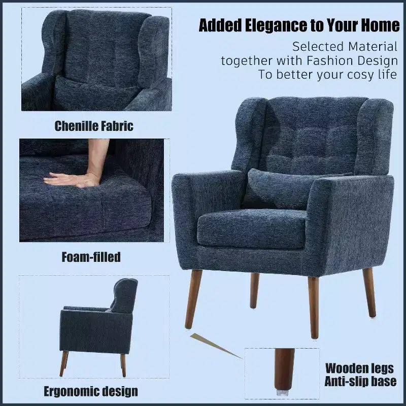 Poltroncina in ciniglia con schienale ergonomico, gambe affusolate in legno e cuscino decorativo, capacità 125 kg