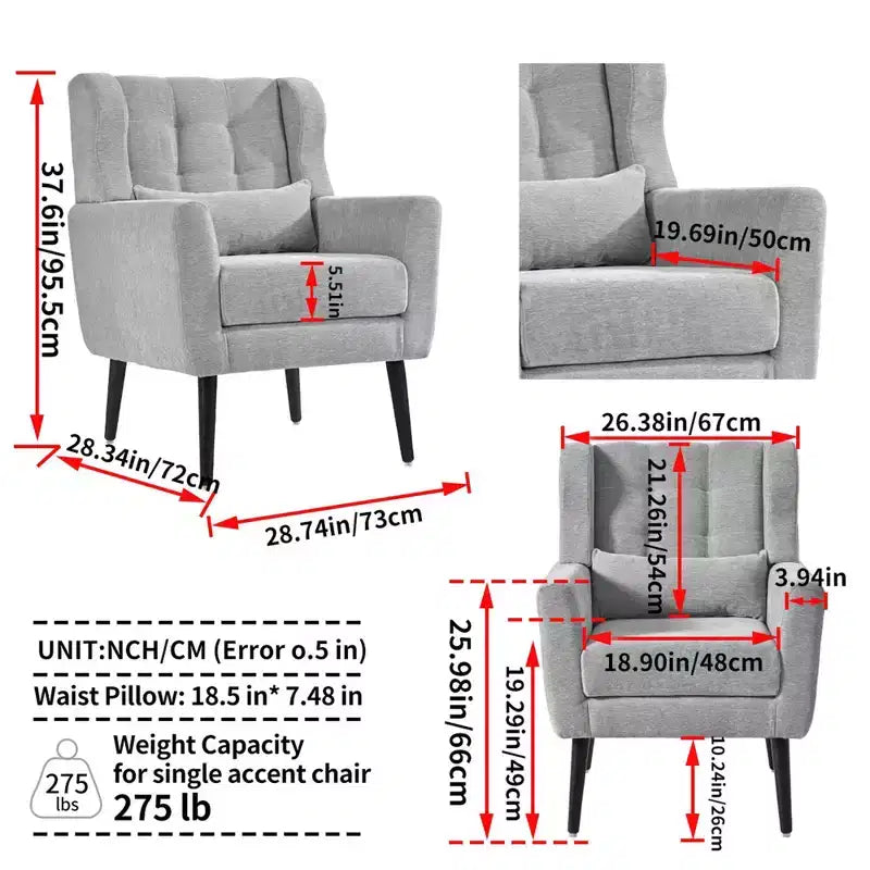 Poltroncina in ciniglia con schienale ergonomico, gambe affusolate in legno e cuscino decorativo, capacità 125 kg