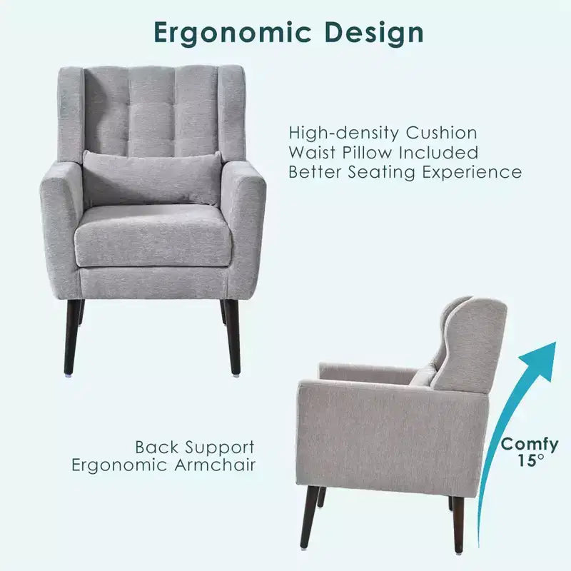 Poltroncina in ciniglia con schienale ergonomico, gambe affusolate in legno e cuscino decorativo, capacità 125 kg