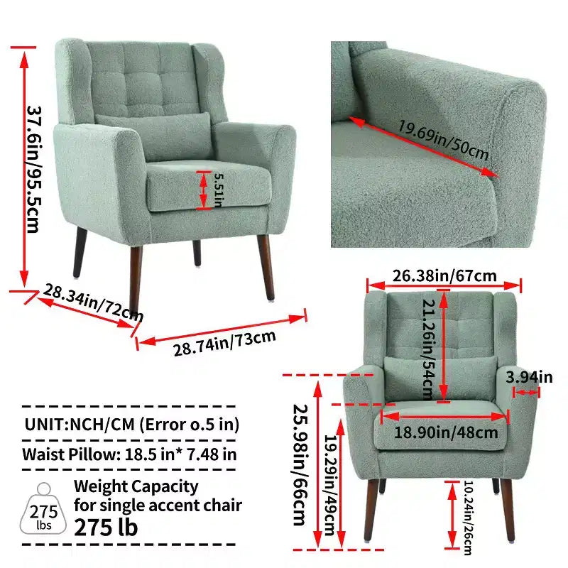 Poltroncina in ciniglia con schienale ergonomico, gambe affusolate in legno e cuscino decorativo, capacità 125 kg