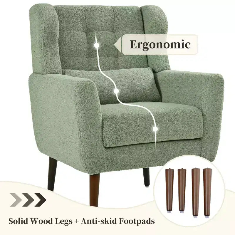 Poltroncina in ciniglia con schienale ergonomico, gambe affusolate in legno e cuscino decorativo, capacità 125 kg