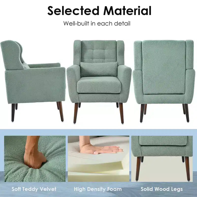 Poltroncina in ciniglia con schienale ergonomico, gambe affusolate in legno e cuscino decorativo, capacità 125 kg