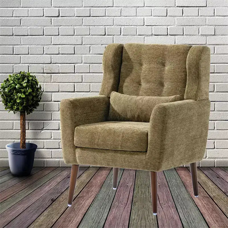 Poltroncina in ciniglia con schienale ergonomico, gambe affusolate in legno e cuscino decorativo, capacità 125 kg