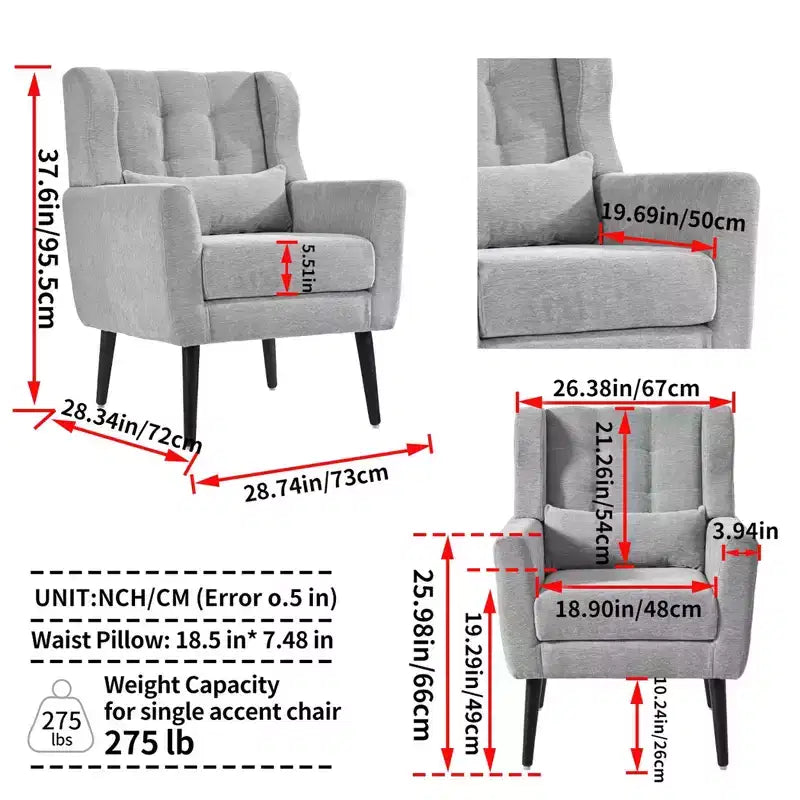 Poltroncina in ciniglia con schienale ergonomico, gambe affusolate in legno e cuscino decorativo, capacità 125 kg