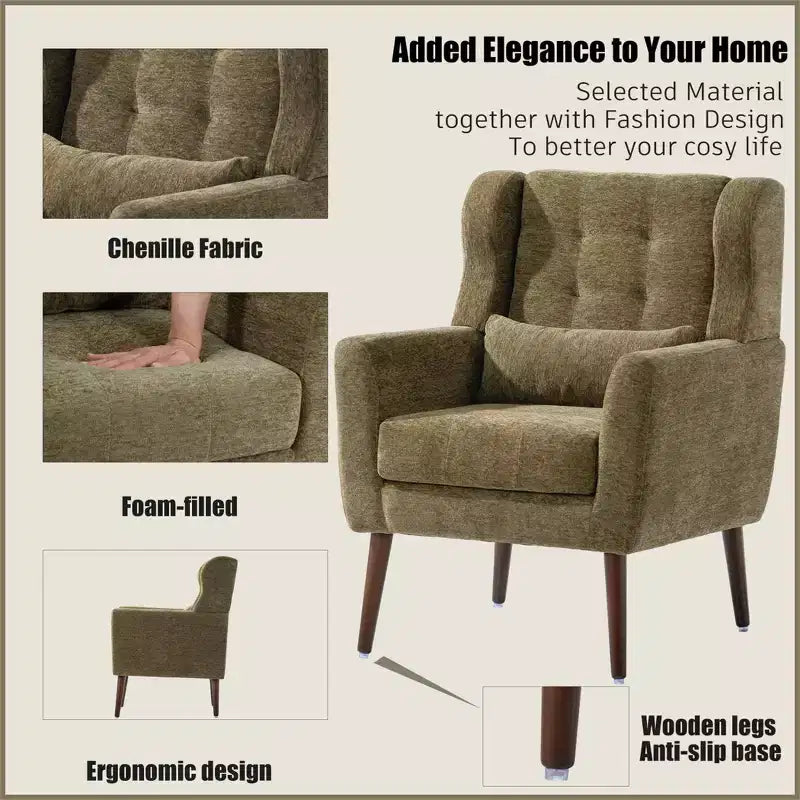 Poltroncina in ciniglia con schienale ergonomico, gambe affusolate in legno e cuscino decorativo, capacità 125 kg