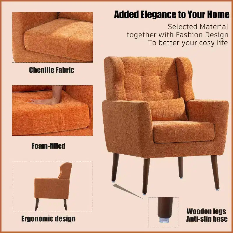 Poltroncina in ciniglia con schienale ergonomico, gambe affusolate in legno e cuscino decorativo, capacità 125 kg