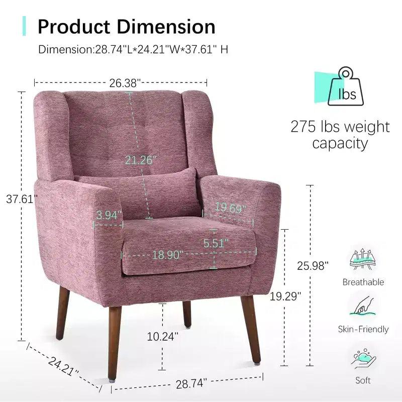 Poltroncina in ciniglia con schienale ergonomico, gambe affusolate in legno e cuscino decorativo, capacità 125 kg