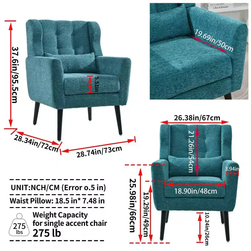 Poltroncina in ciniglia con schienale ergonomico, gambe affusolate in legno e cuscino decorativo, capacità 125 kg