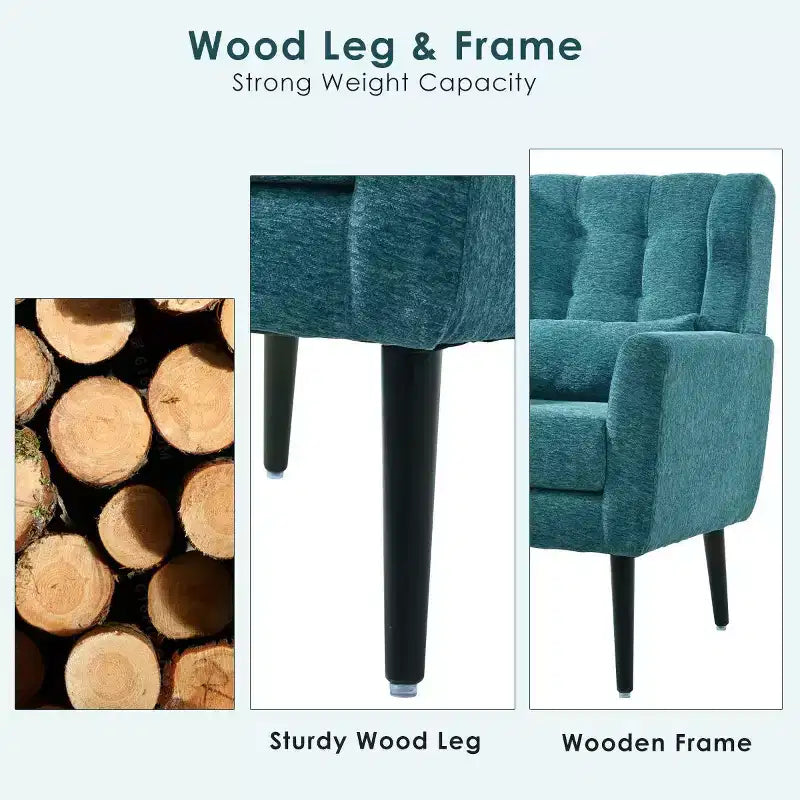 Poltroncina in ciniglia con schienale ergonomico, gambe affusolate in legno e cuscino decorativo, capacità 125 kg
