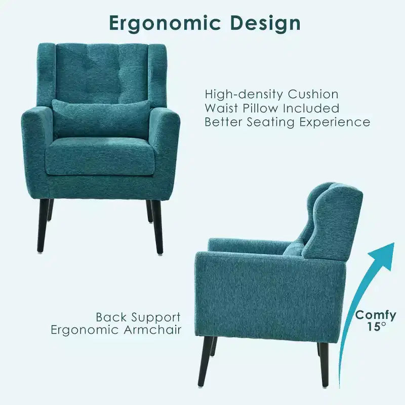 Poltroncina in ciniglia con schienale ergonomico, gambe affusolate in legno e cuscino decorativo, capacità 125 kg