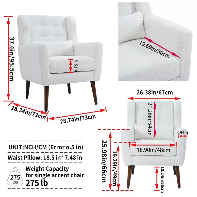 Poltroncina in ciniglia con schienale ergonomico, gambe affusolate in legno e cuscino decorativo, capacità 125 kg