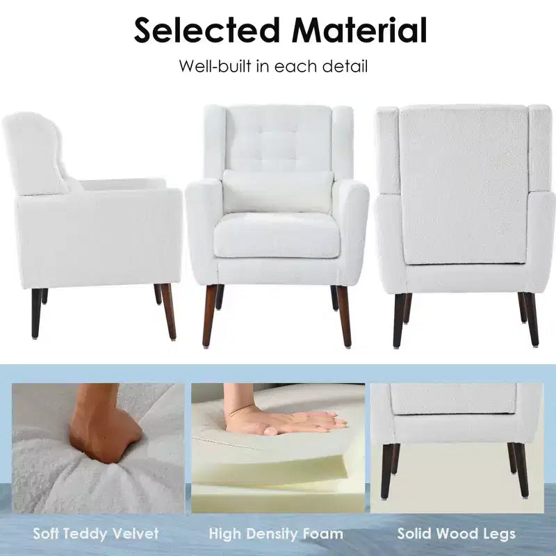 Poltroncina in ciniglia con schienale ergonomico, gambe affusolate in legno e cuscino decorativo, capacità 125 kg