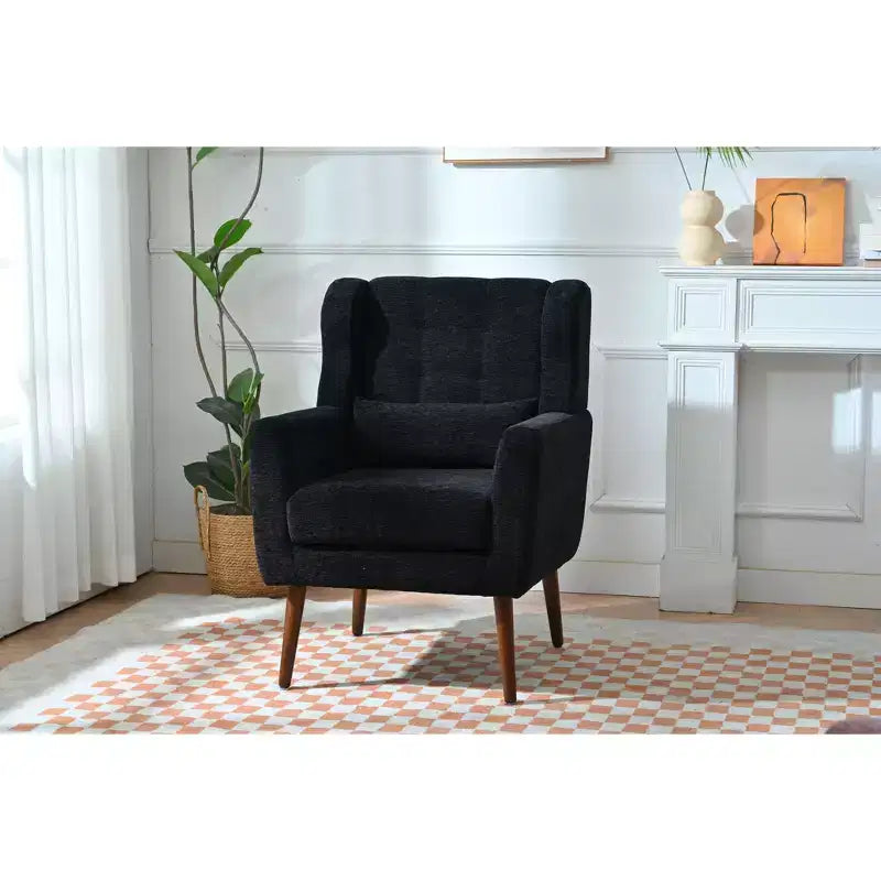 Poltroncina in ciniglia con schienale ergonomico, gambe affusolate in legno e cuscino decorativo, capacità 125 kg