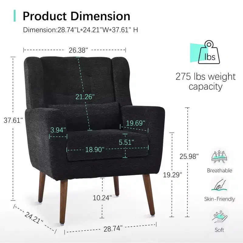 Poltroncina in ciniglia con schienale ergonomico, gambe affusolate in legno e cuscino decorativo, capacità 125 kg