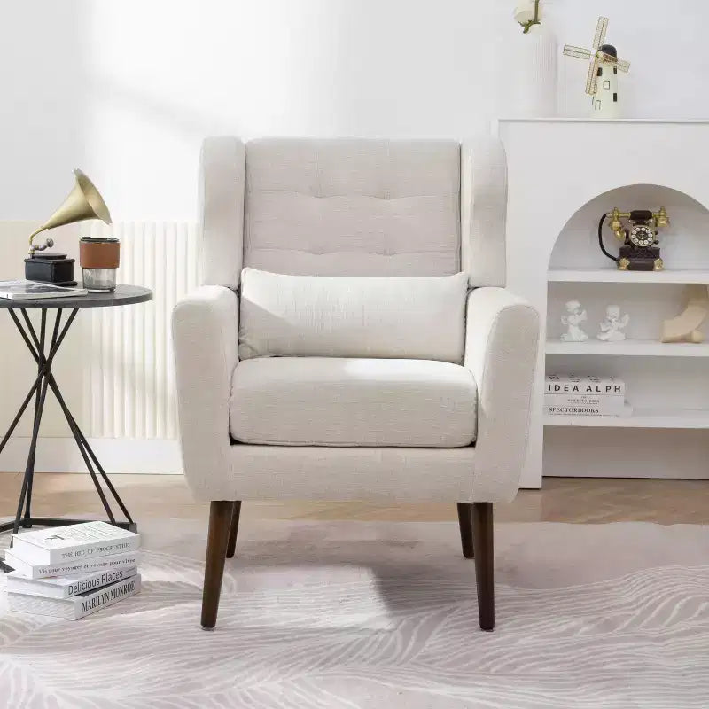 Poltroncina in ciniglia con schienale ergonomico, gambe affusolate in legno e cuscino decorativo, capacità 125 kg