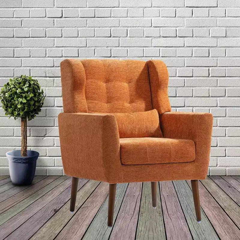 Poltroncina in ciniglia con schienale ergonomico, gambe affusolate in legno e cuscino decorativo, capacità 125 kg