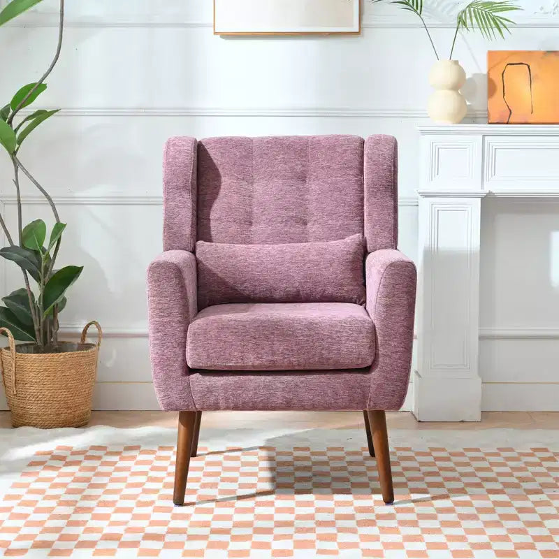 Poltroncina in ciniglia con schienale ergonomico, gambe affusolate in legno e cuscino decorativo, capacità 125 kg