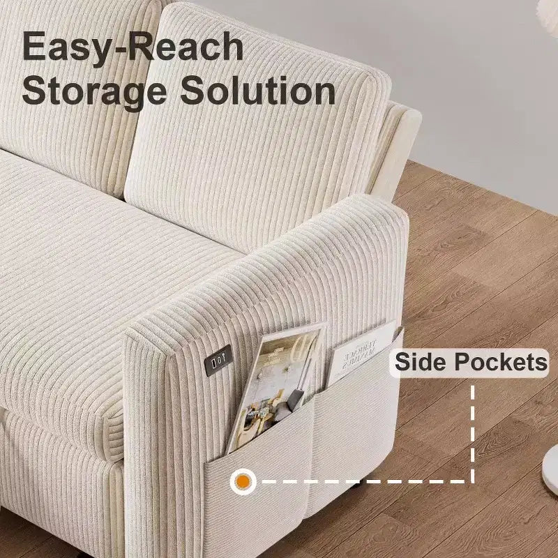 Divano letto estraibile a quattro posti da 105 pollici con contenitore da 400 litri, ricarica USB e schienale regolabile