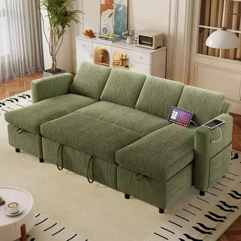 Divano letto estraibile a quattro posti da 105 pollici con contenitore da 400 litri, ricarica USB e schienale regolabile
