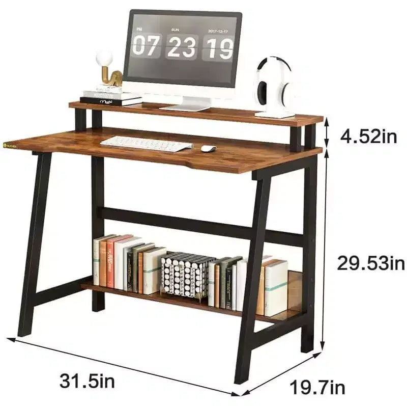 Scrivania Compatta per Computer con Supporto Monitor e 2 Ripiani, 80 cm di Larghezza