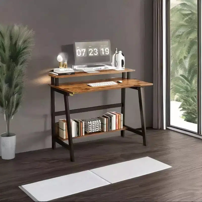 Scrivania Compatta per Computer con Supporto Monitor e 2 Ripiani, 80 cm di Larghezza