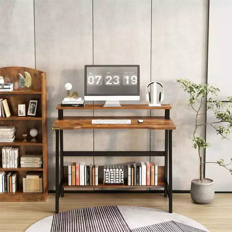 Scrivania Compatta per Computer con Supporto Monitor e 2 Ripiani, 80 cm di Larghezza