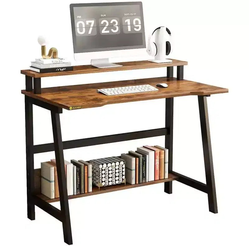 Scrivania Compatta per Computer con Supporto Monitor e 2 Ripiani, 80 cm di Larghezza