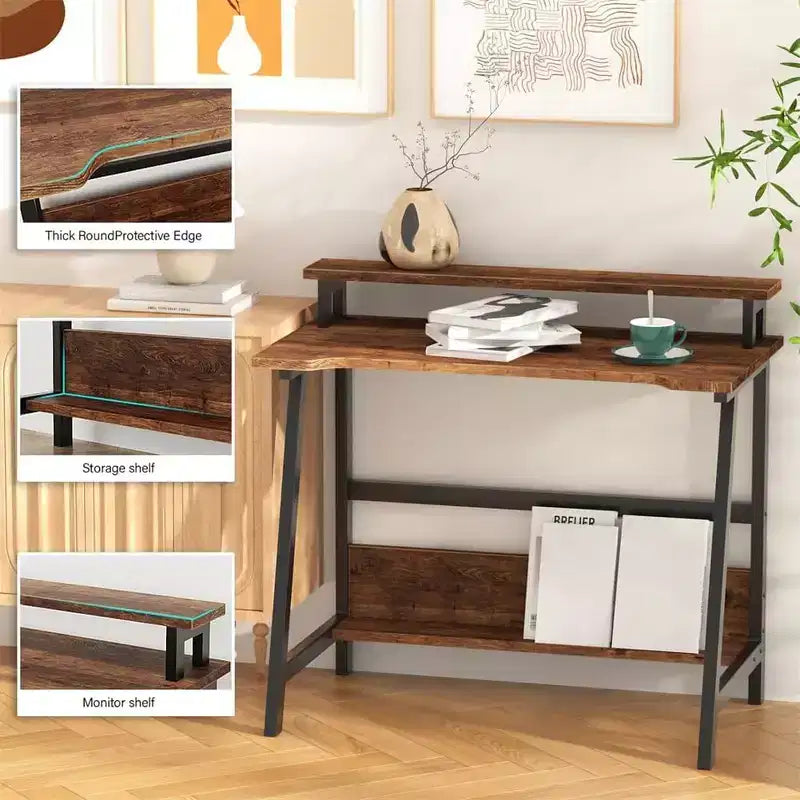 Scrivania Compatta per Computer con Supporto Monitor e 2 Ripiani, 80 cm di Larghezza