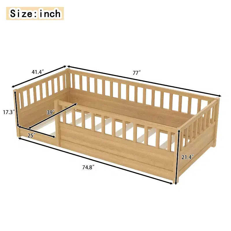 Letto a piattaforma in legno di pino con sponda alta di sicurezza per bambini, misure singolo e piazza e mezza