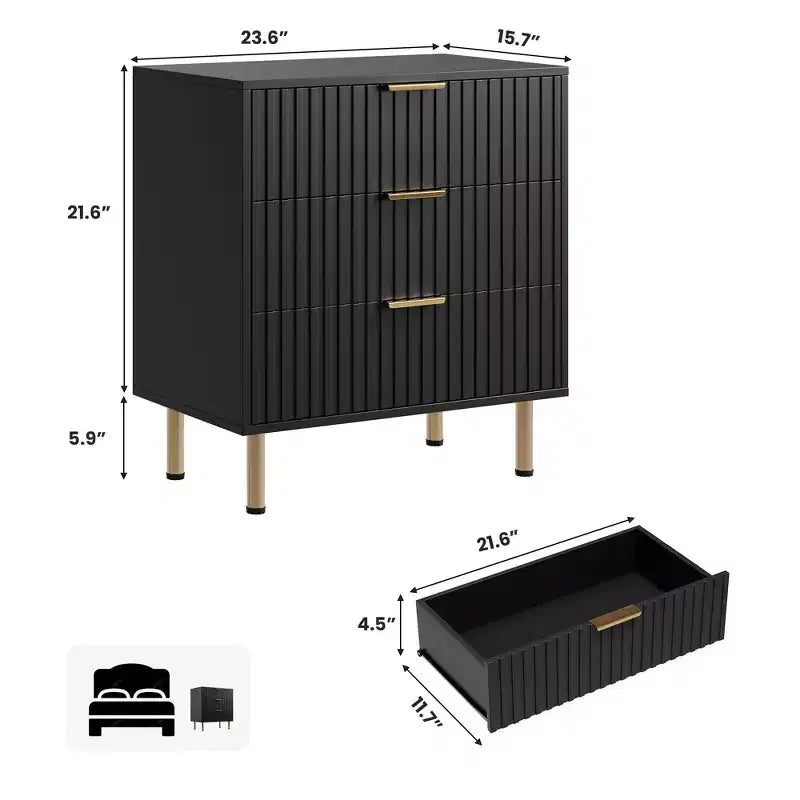 Comodino/Cassettiera a 3 cassetti con scanalature, 68 cm di larghezza, in legno, per camera da letto o soggiorno